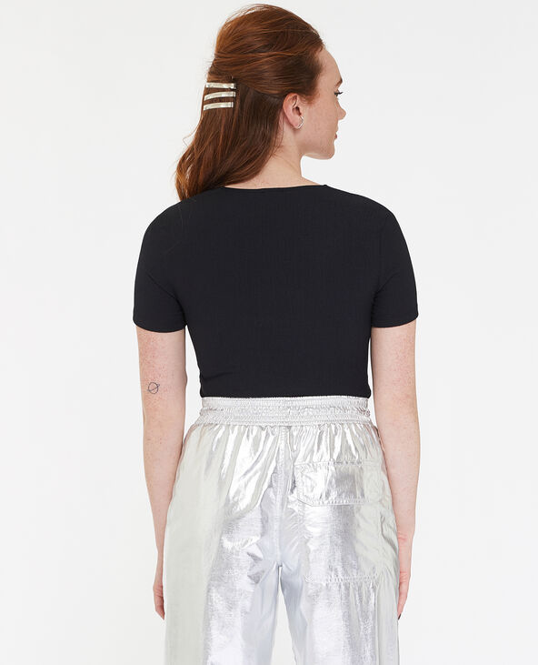 T-shirt col carré avec tulle drapé devant noir - Pimkie