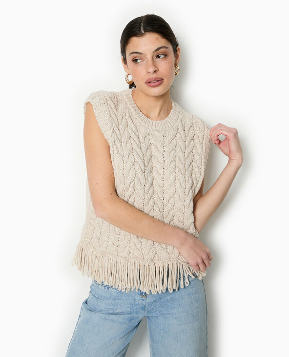 Pull sans manches maille tosadée avec franges blanc - Pimkie