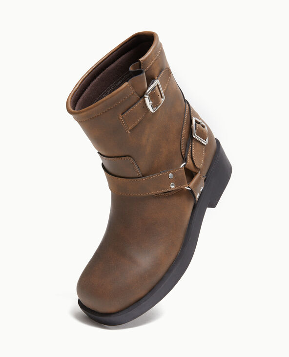 Boots motardes avec détails brides et boucle marron - Pimkie