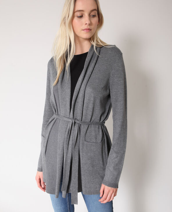 Gilet long à ceinture gris chiné - Pimkie