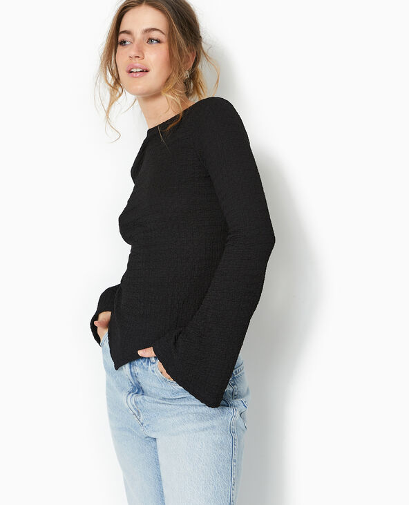 Top en tissu gaufré avec manches flare noir - Pimkie
