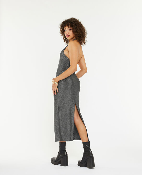 Robe longue dos nu en maille argent e