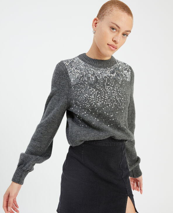 Pull col rond sequins gris chiné - Pimkie