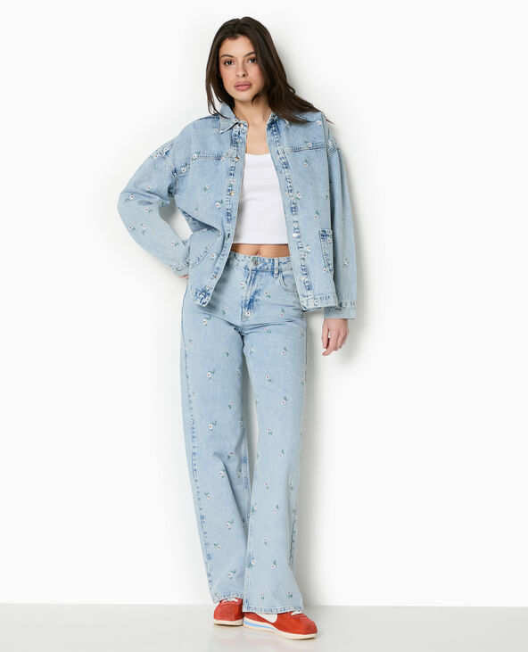 Veste droite en jean avec broderies fleurs all over bleu clair - Pimkie