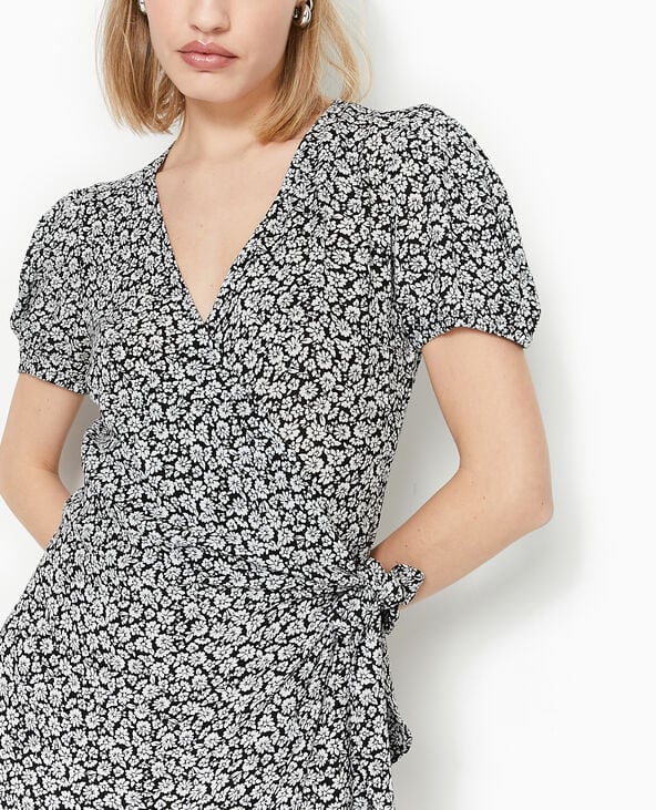 Robe courte encolure cache-cœur motif fleurs noir - Pimkie