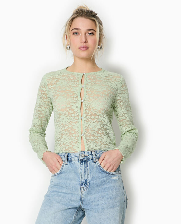 Top cardigan en dentelle avec bouton perle vert de gris - Pimkie