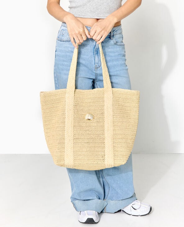 Grand sac cabas en raphia avec boucle coquillage beige - Pimkie