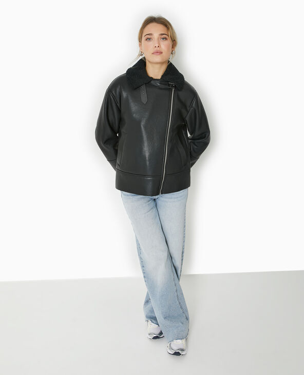 Blouson bombardier en simili avec sherpa noir - Pimkie