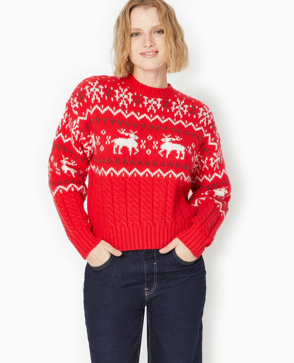 Pull de Noël jacquard avec torsades rouge - Pimkie