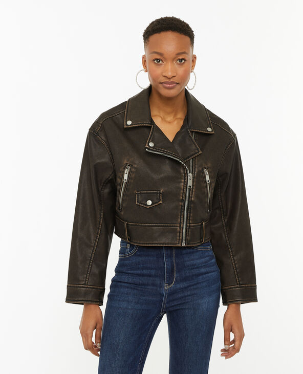 Blouson motard court en simili marron - Pimkie