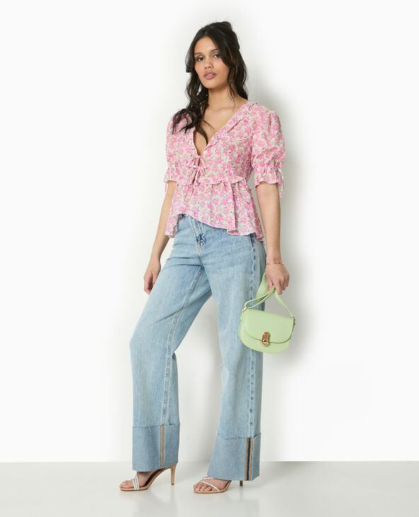 Blouse avec nouettes et volants motif fleurs rose - Pimkie