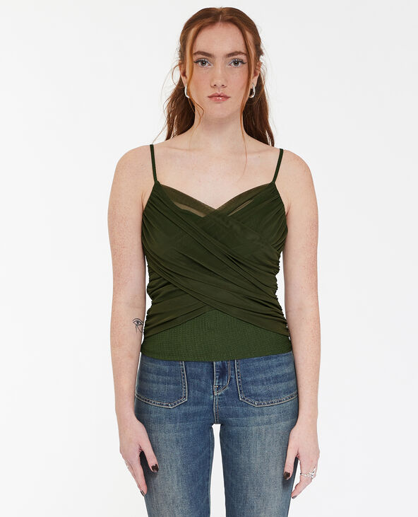 Top à bretelles avec drapé en tulle vert kaki - Pimkie