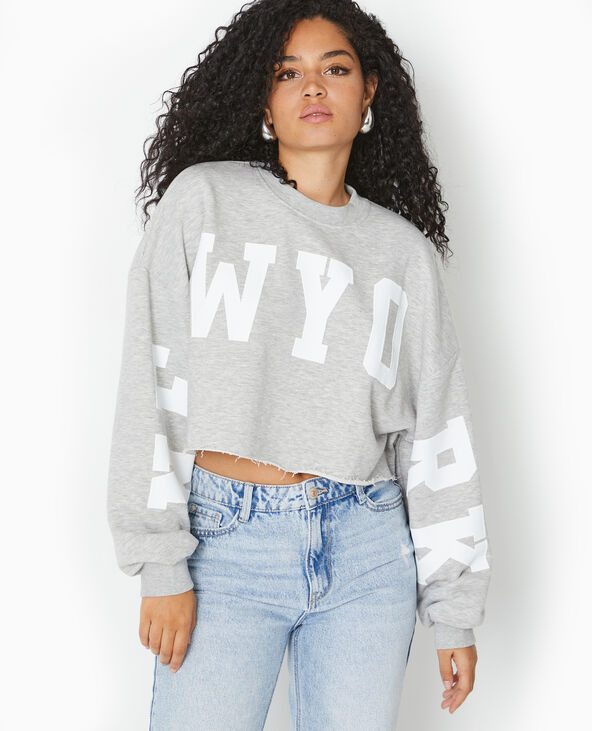 Sweat cropped base coupée avec NEW YORK gris chiné - Pimkie