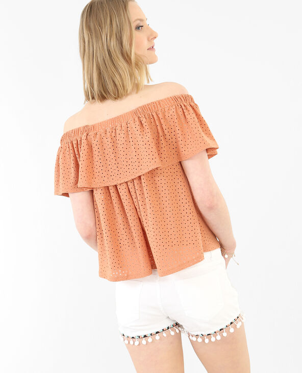 Top bardot effet broderie anglaise vieux rose - Pimkie