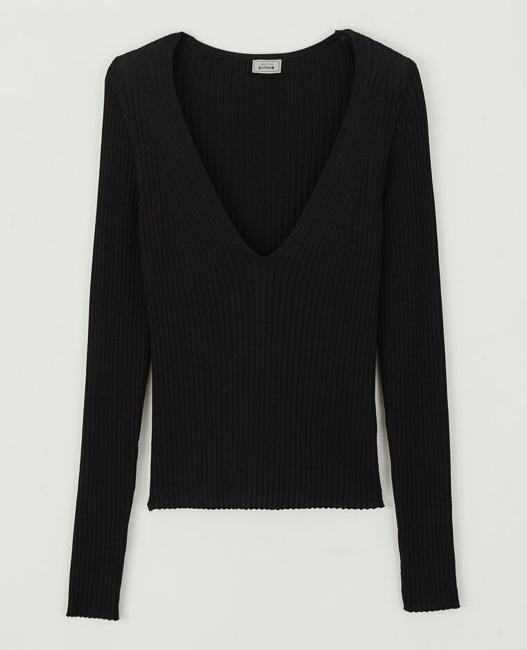 Pull col V maille côtelée noir - Pimkie