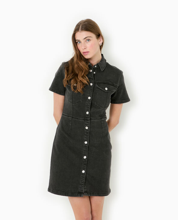 Robe courte boutonnée en jean stretch noir - Pimkie