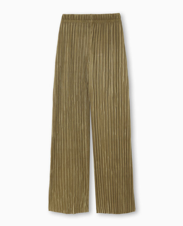 Pantalon large en tissu plissé et satiné vert kaki - Pimkie