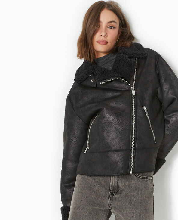 Blouson aviateur en simili cuir double de fourrure