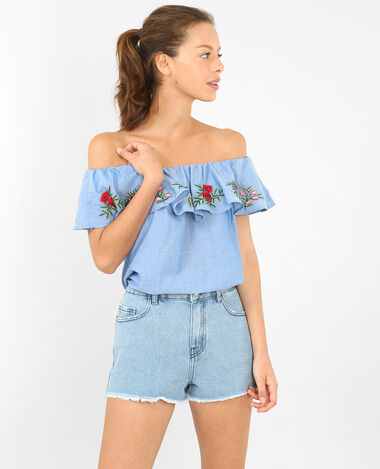 Blouse à col bardot brodée Jean bleached - Pimkie