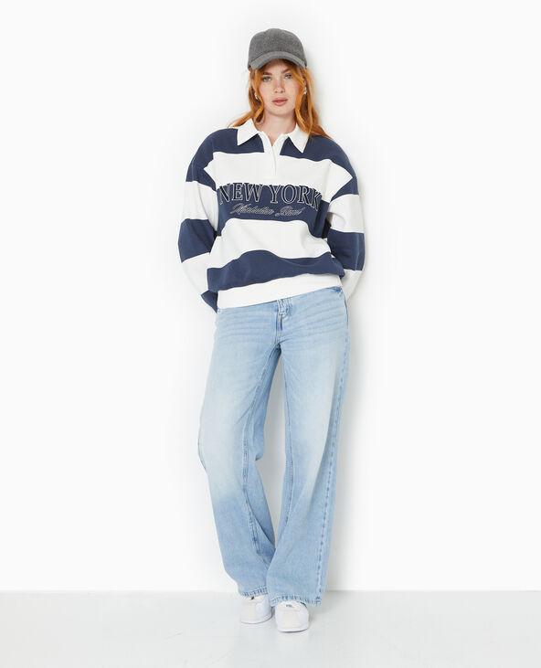 Sweat à rayures avec col polo et broderie bleu - Pimkie