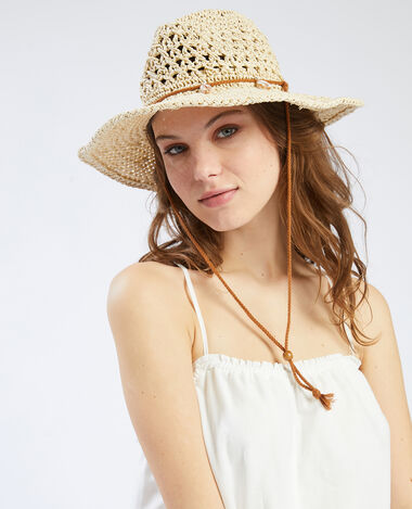 Chapeau en paille avec coquillages écru - Pimkie