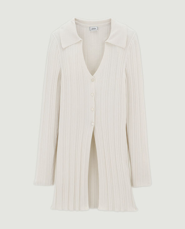 Gilet long en maille côtelée col polo écru - Pimkie