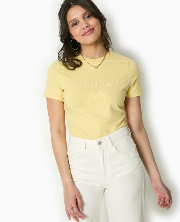 T-shirt court avec broderie ton sur ton Jaune pâle - Pimkie