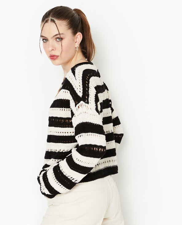 Pull rayé en maille ajourée façon crochet noir - Pimkie