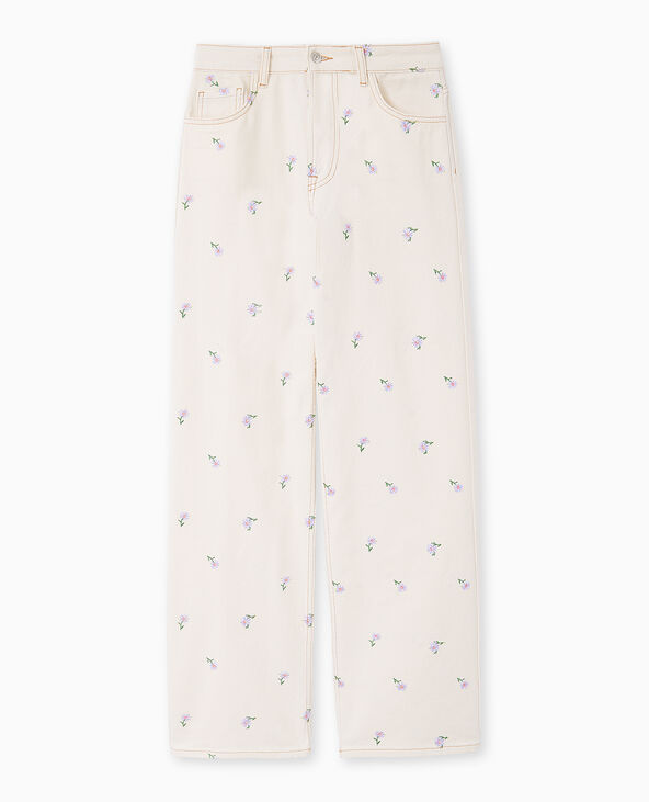Jean straight taille haute avec broderies fleurs blanc - Pimkie