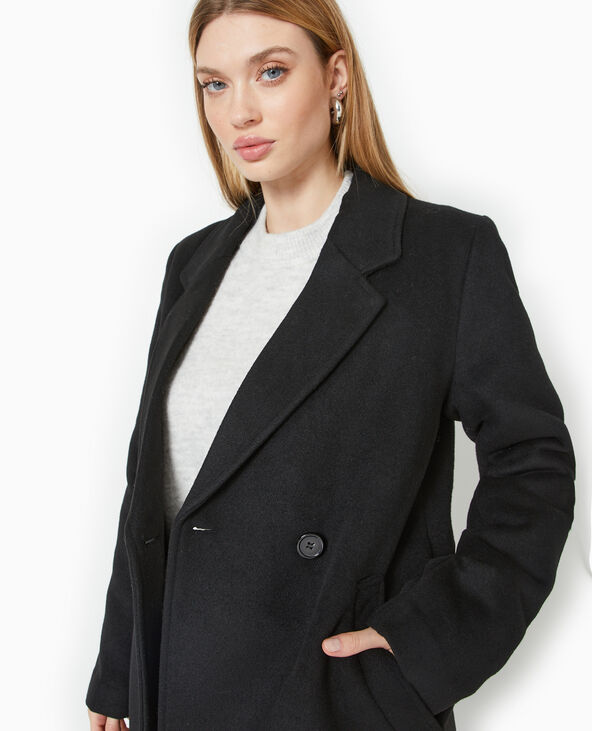 Manteau mi-long en drap de laine noir - Pimkie