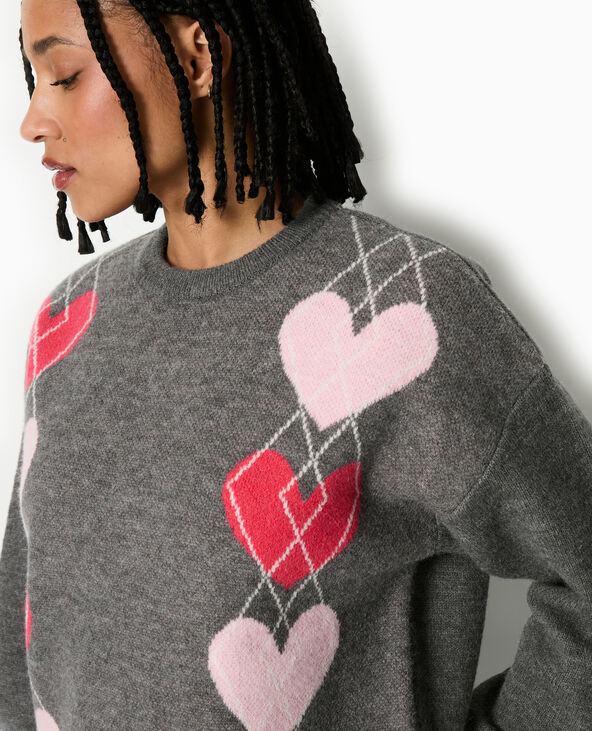 Pull col rond motif jacquard et cœurs gris foncé - Pimkie