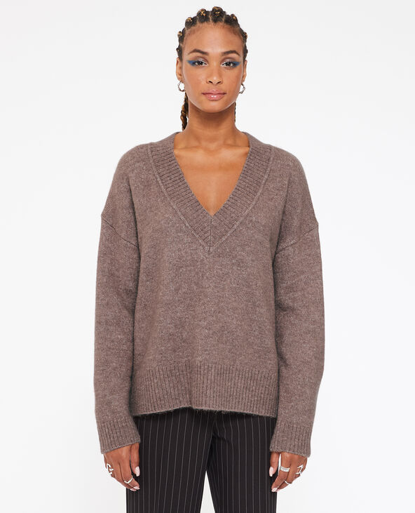 Pull droit ave grand col V taupe - Pimkie