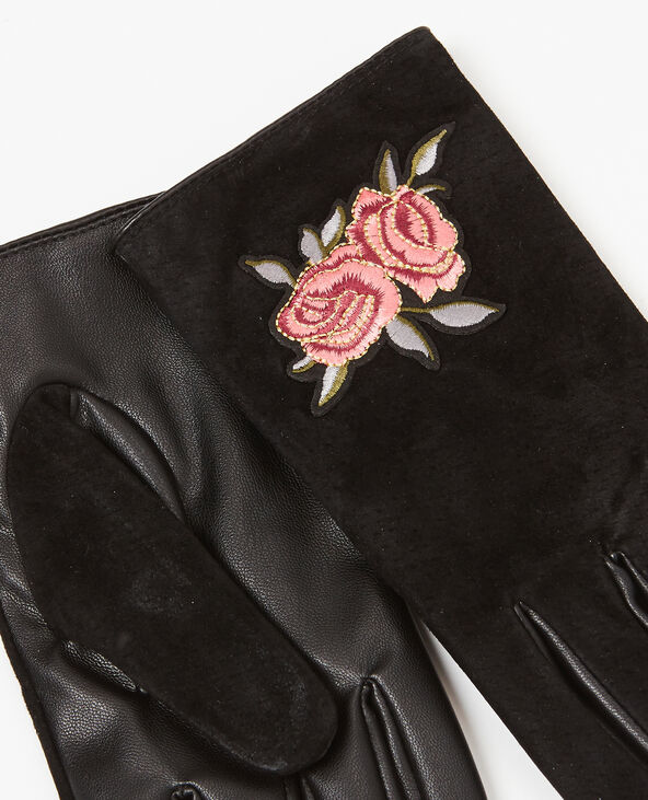 Gants bimatière brodés noir - Pimkie