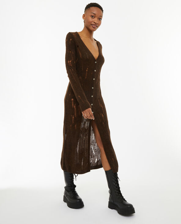 Gilet long en maille ajourée effet destroy marron - Pimkie