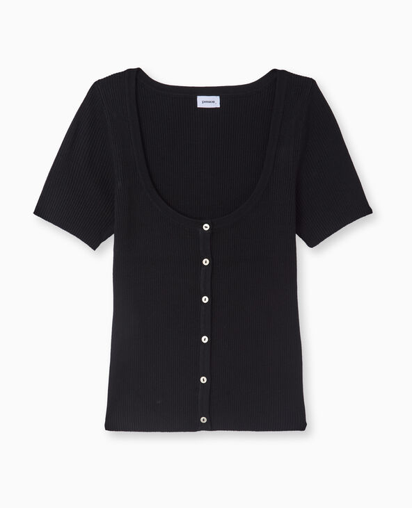T-shirt boutonné en maille côtelée noir - Pimkie