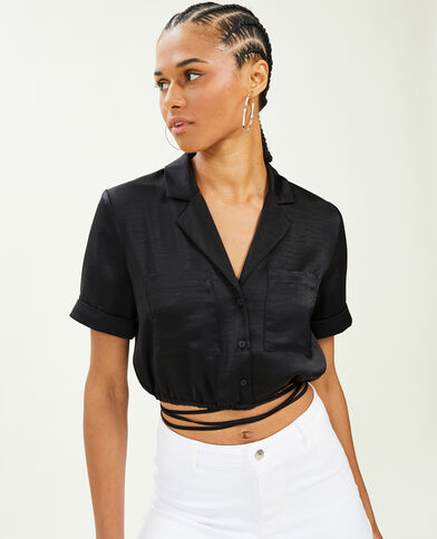 Chemise cropped en satin noir - Pimkie