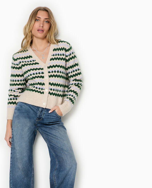 Gilet col V en maille jacquard écru - Pimkie