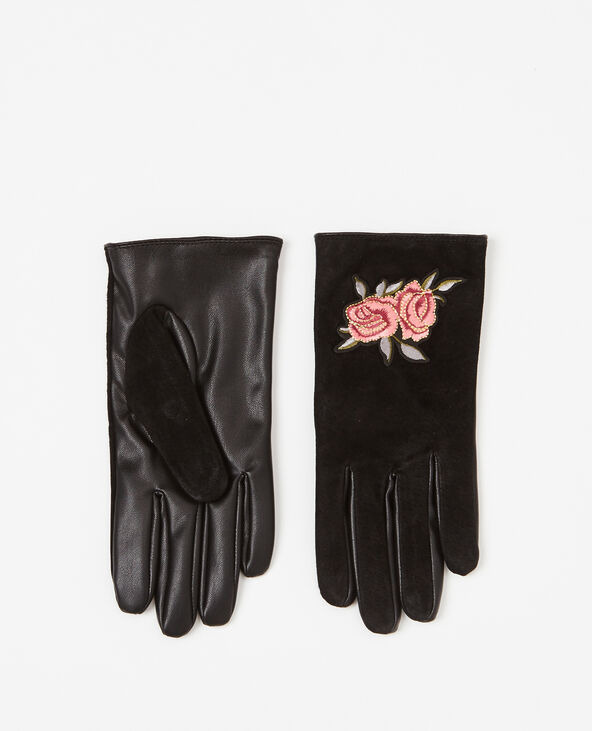 Gants bimatière brodés noir - Pimkie