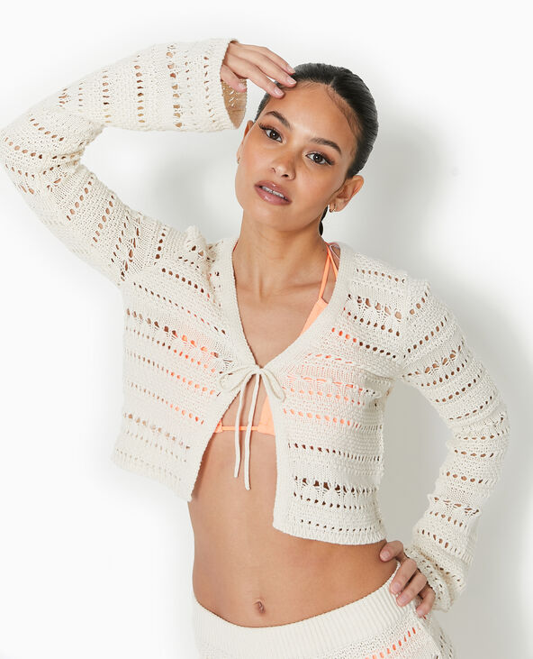 Gilet en maille ajouree avec lien a nouer