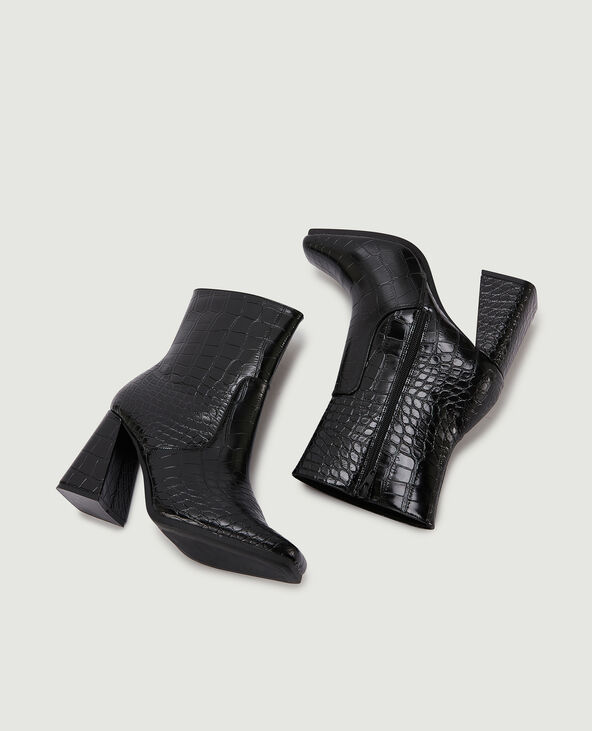 Boots à talon effet croco avec bouts carrés noir - Pimkie