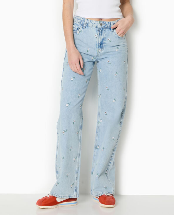 Jean droit avec broderies fleurs all over bleu clair - Pimkie