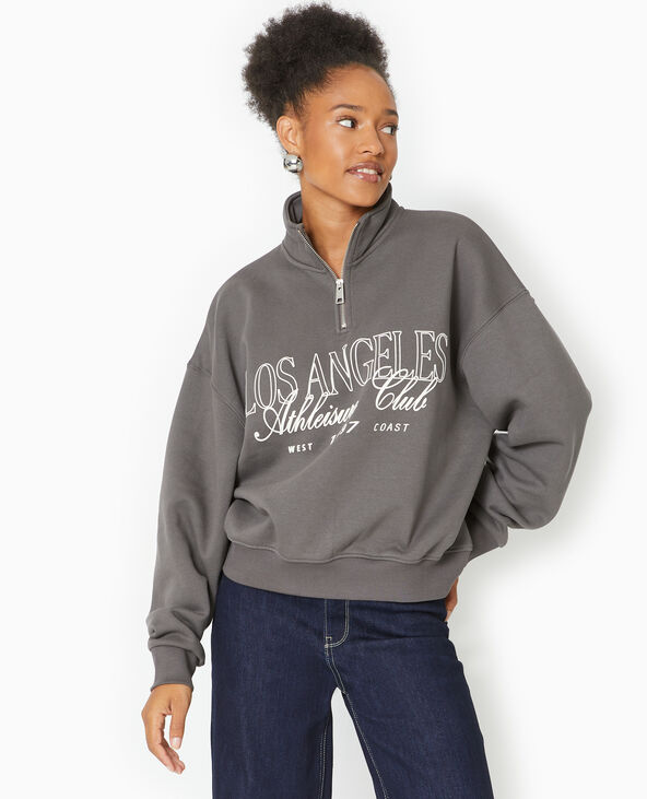 Sweat col camionneur avec flocage devant gris foncé - Pimkie