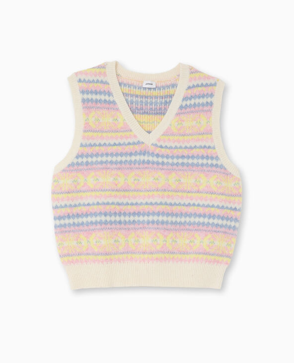 Pull sans manches col V motif jacquard blanc - Pimkie
