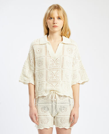 Haut à manches courtes en crochet blanc - Pimkie