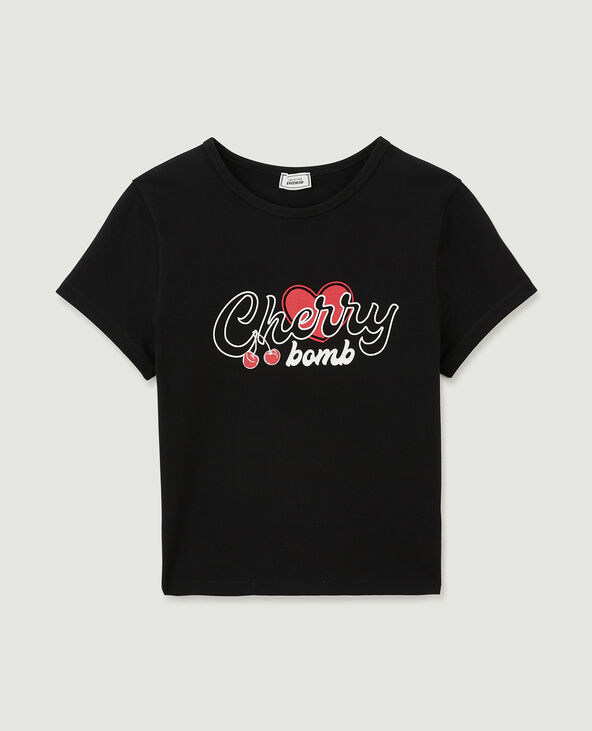 T-shirt court avec motif noir - Pimkie