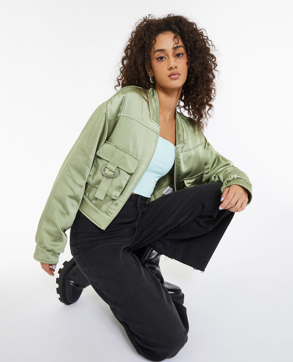 Bomber court en satin vert kaki - Pimkie
