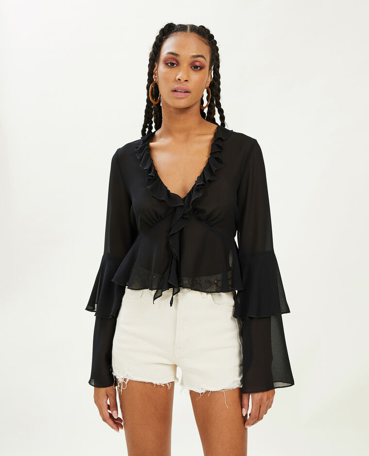 Blouse avec volants en voile noir - Pimkie