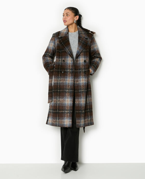 Manteau long à carreaux effet drap de laine marron - Pimkie