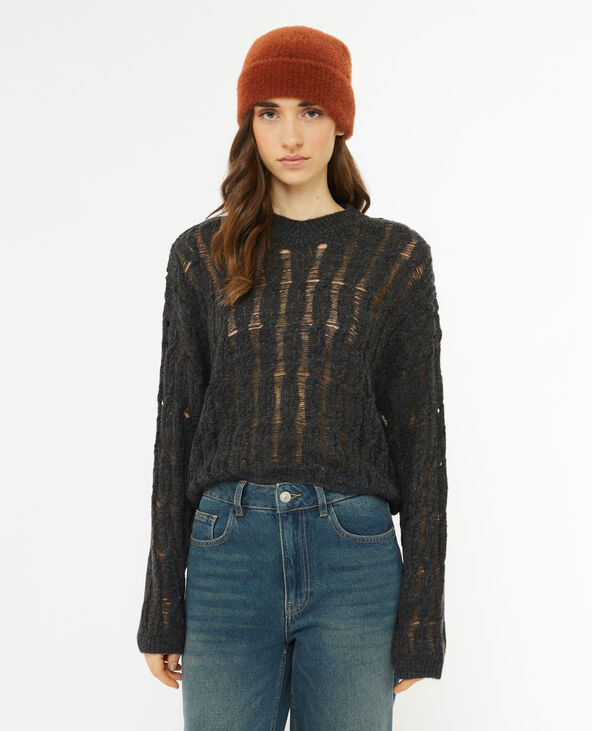 Pull en maille torsadée et ajourée effet destroy gris foncé - Pimkie