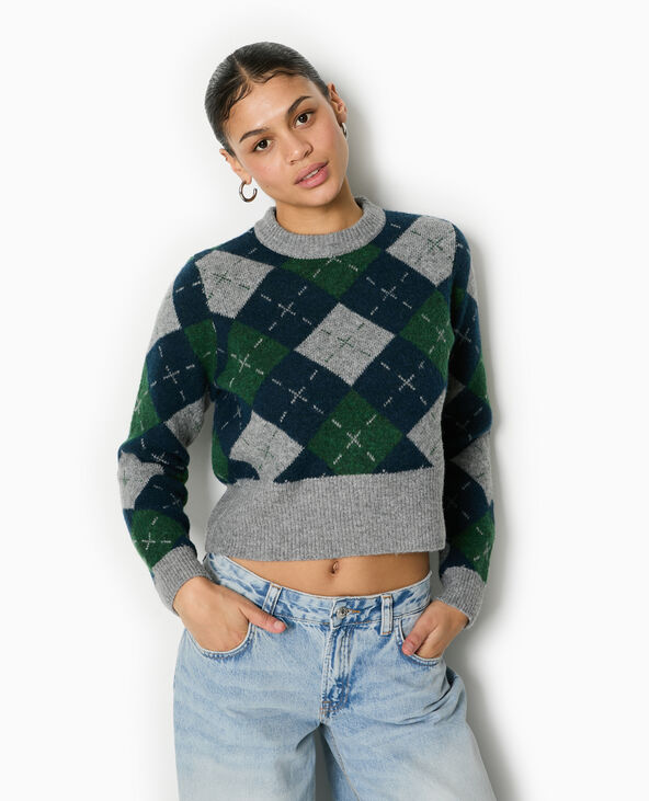 Pull court motif losanges gris chiné - Pimkie